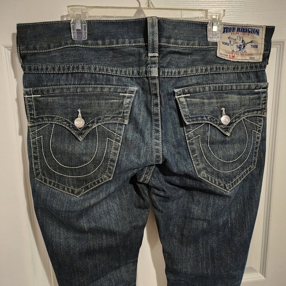 True Religion Men's Denim Blue Jeans Size 36 Slim 100% Cotton Distressed Ripped - Picture 6 of 15